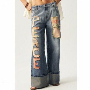 Peace Patchwork Cuffed Jeans size Large